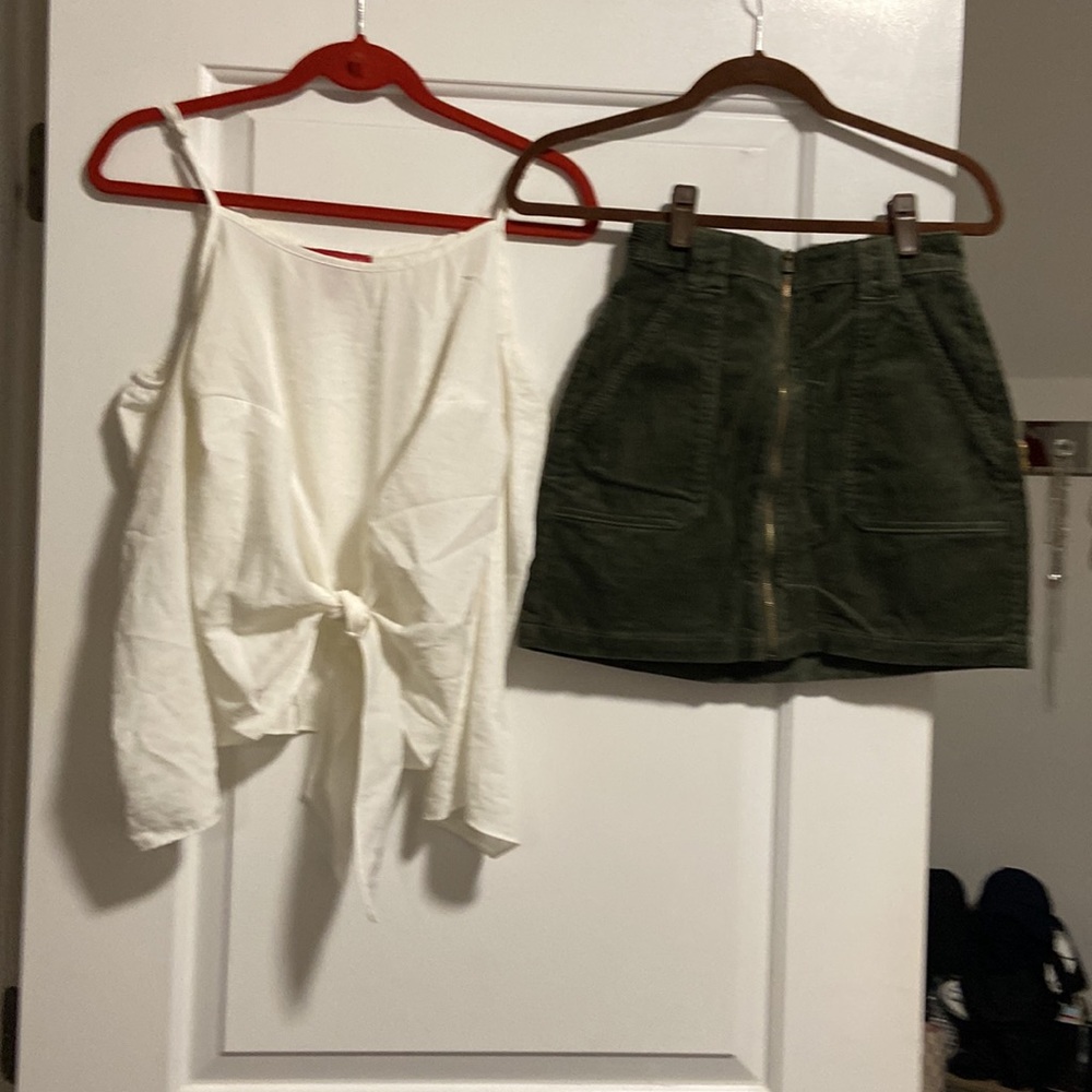 Hollister ultra high rise green corduroy skirt & Saks 5 th ave blouse set